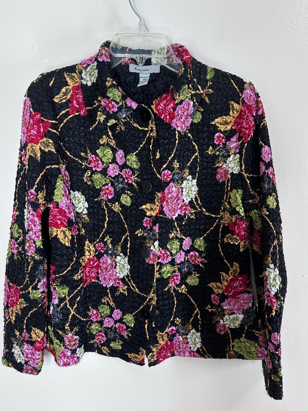 VTG Analogy Petites Floral Crinkle Jacket Black Pink Cloque Button Up Size PM